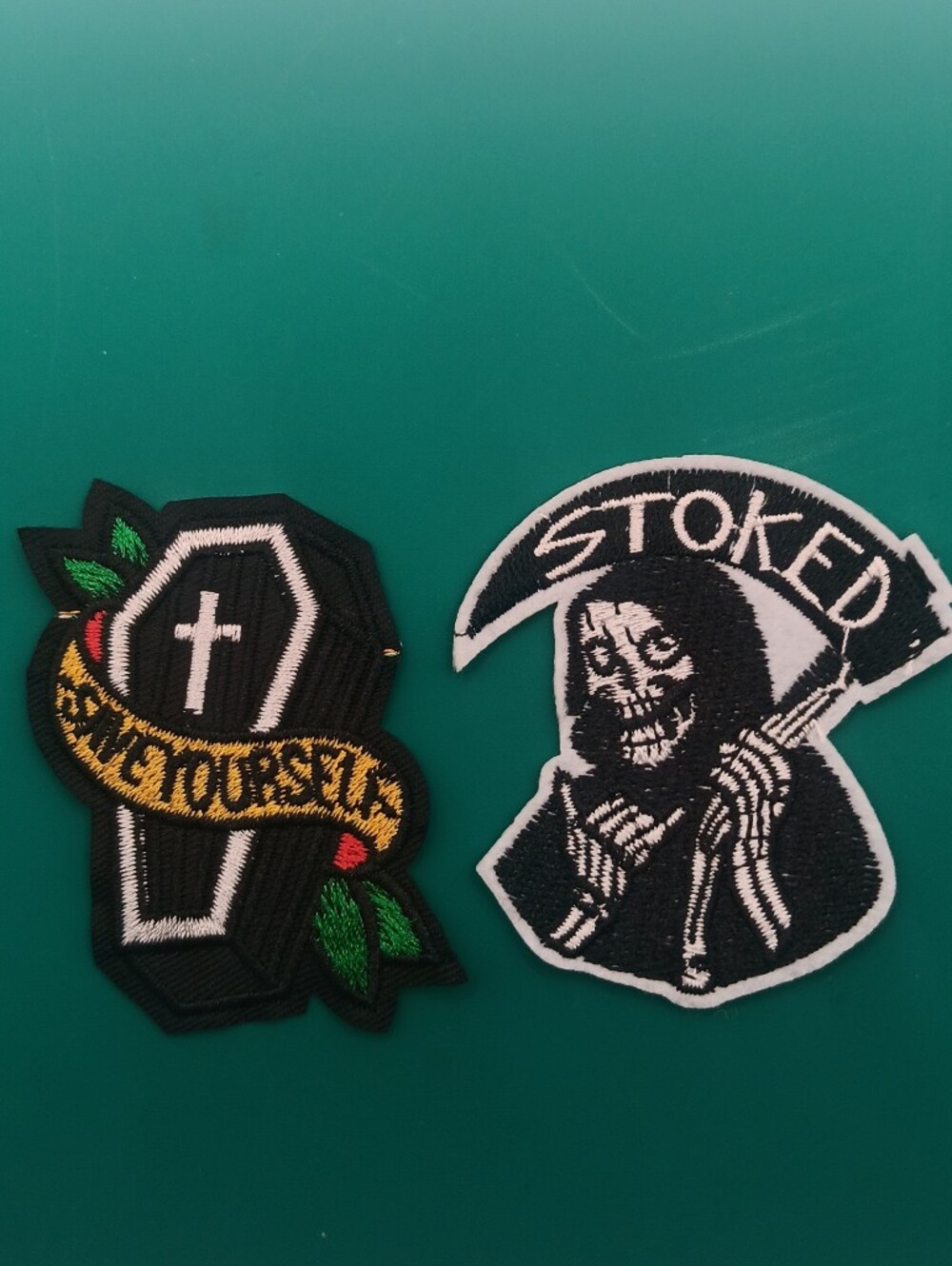 Grim Reaper Gothic Iron On Patch Pair, Punk Goth Bikercore Jacket Appliques